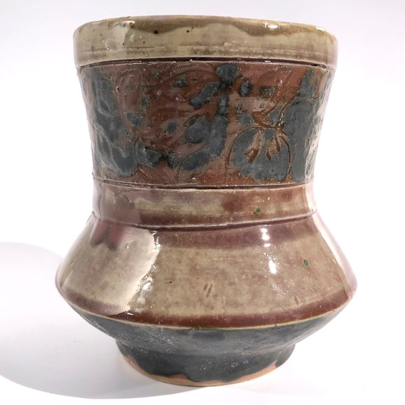 handmade pottery vase raku vessel leaves brown black blue drip 4 inches tall - Picture 4 of 16